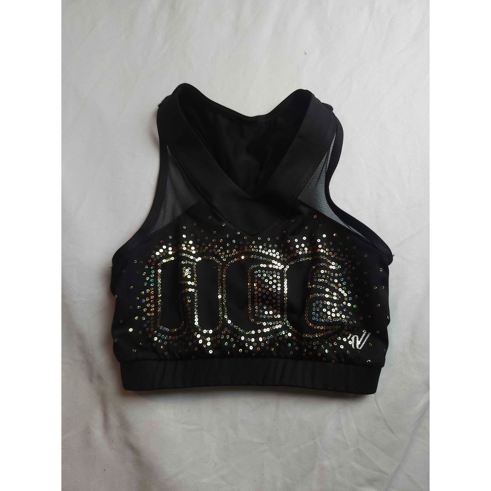 Varsity Spirit Cheer Top Womens Black Gold Sequin ACE Mesh Back Dance Practice